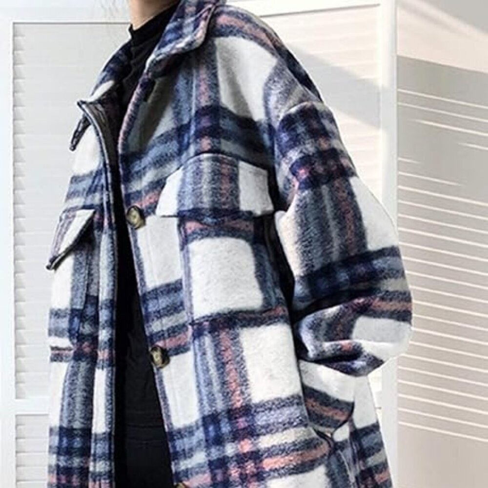 Plaid Spread Collar Spring Long Midi Cut Button Closure Coat Jacket - Picture 3 of 5